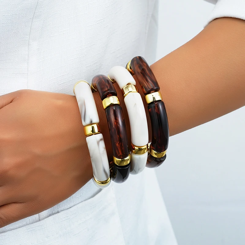 

Amber Bamboo Joint Shaped Acrylic Elastic Bracelets Set for Women Fashion Simple Personality Resin Dyed Bracelets Retro Jewelry
