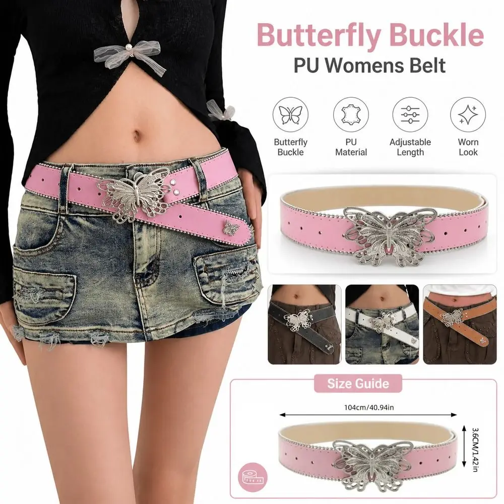 New PU Women's Belt Y2K Style Butterfly Buckle Waist Belt Adjustable Length Versatile Decorative Belt Jeans Accessories