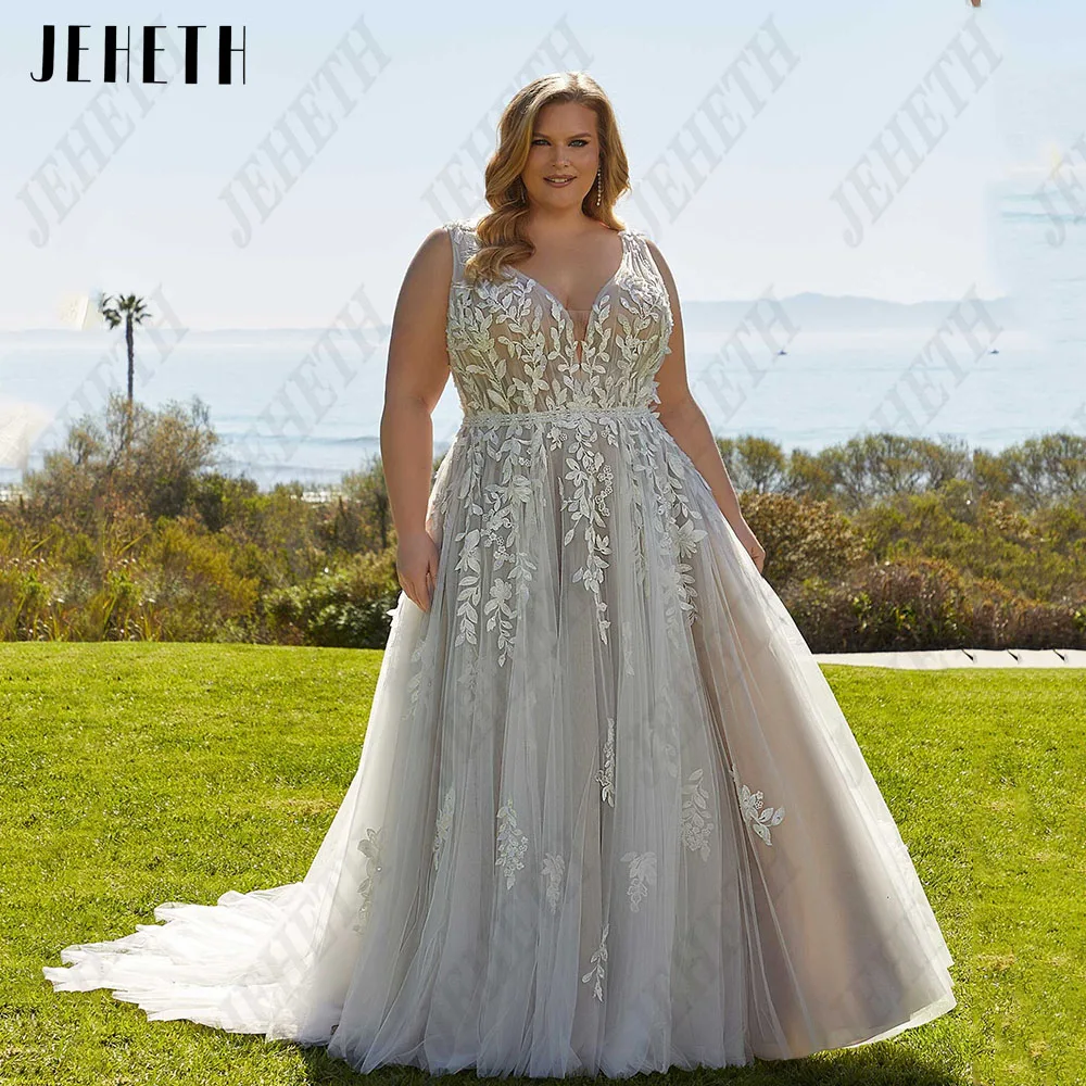 Sra. jeheth elegante vestido de novia de mayor tamaño con espaldaJEHETH-vestido de novia elegante de talla grande para mujer, vestidos de novia de línea a con Espalda descubierta, Apliques de encaje clásicos, tul, 2023