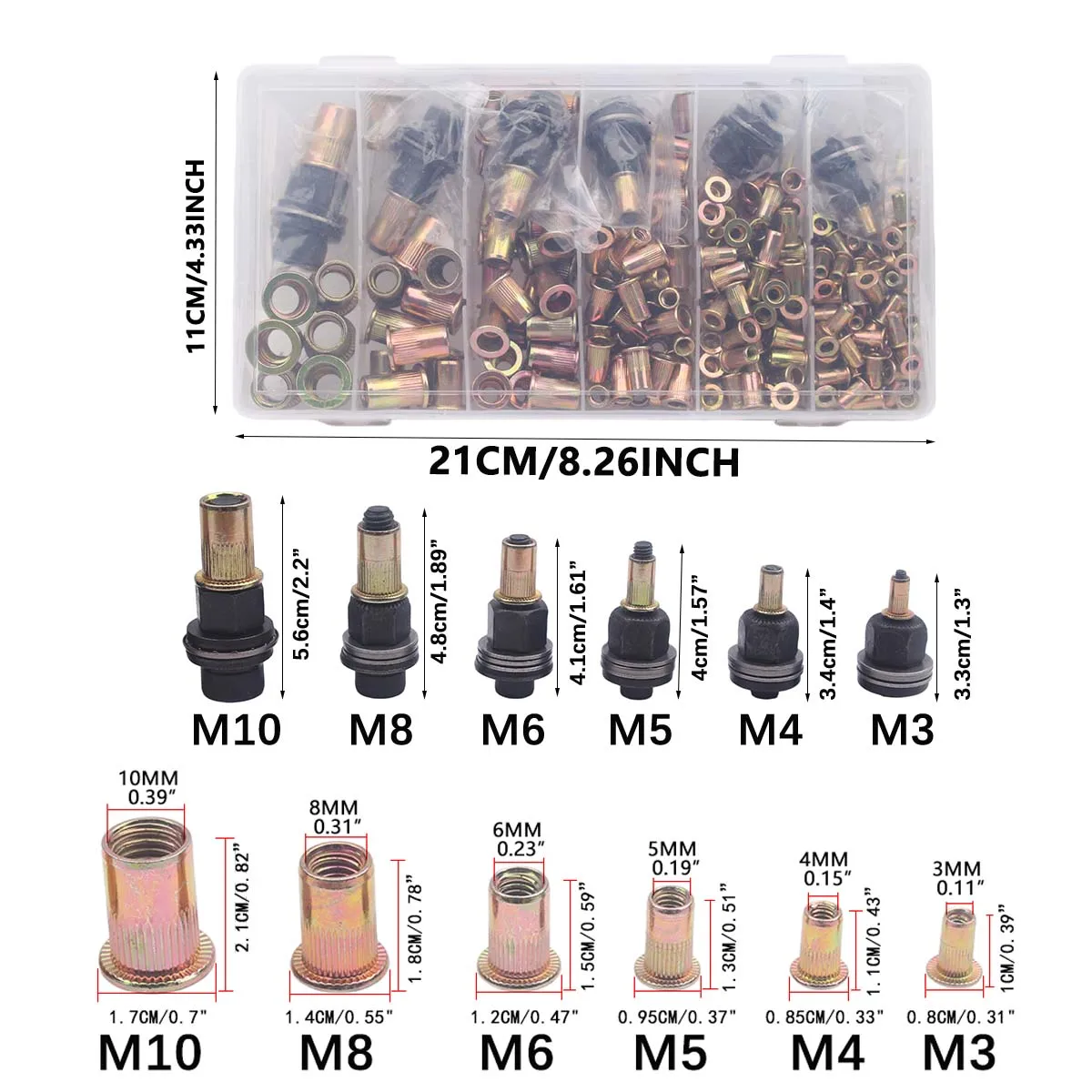 Rivet Nut Set, 276-Piece Metric Rivet Nut Combination (M10/M8/M6/M5/M4/M3), Suitable for Furniture, Decoration, Automotive, Marine, and Industrial Applications