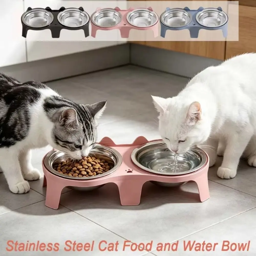 Raised Cat Bowl Double Cat Bowl Stainless Steel Raised Structure Food Water Bowls Sloped Anti-Tip Base Pet Bowl Set