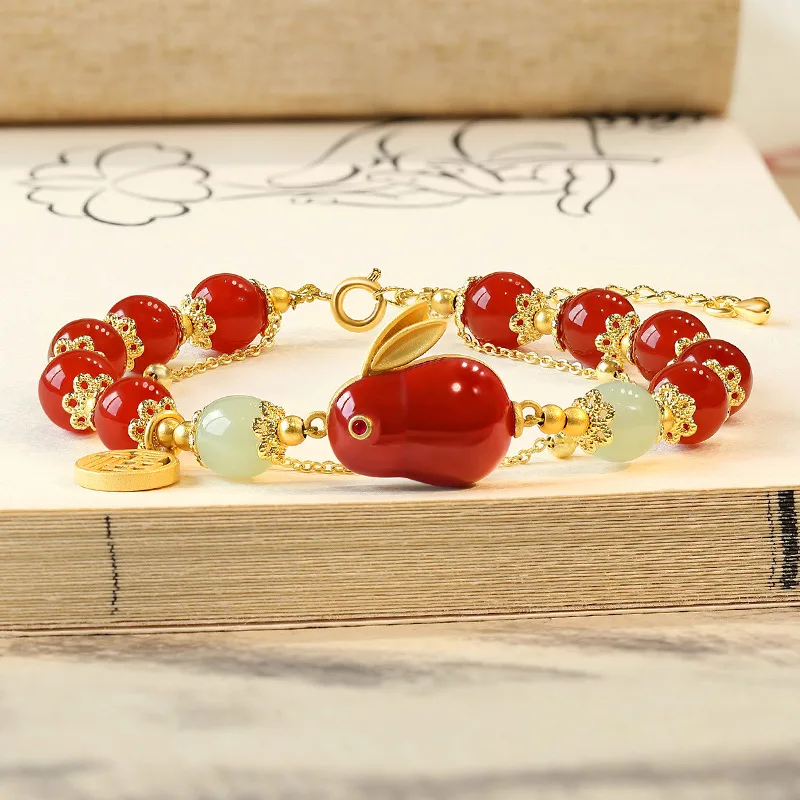 Southern Red tourmaline cute rabbit bracelet for women Natural Hotan Jade Exquisite double bead chain design bangles jewelry image 3