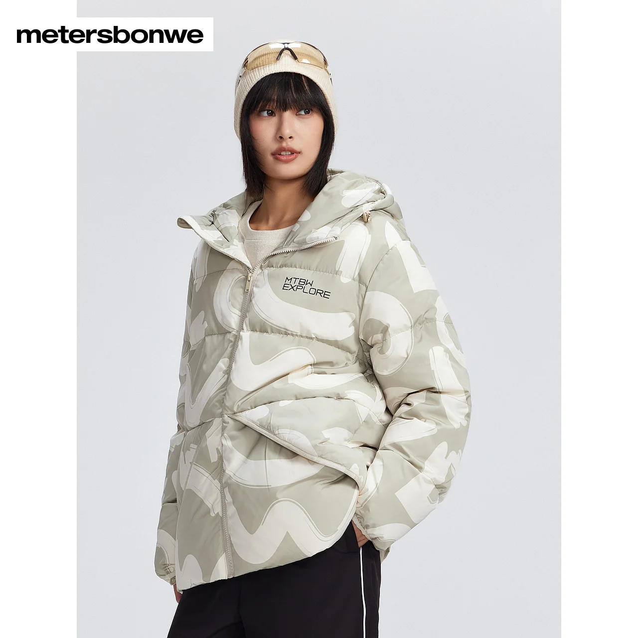 Metersbonwe-Men Women's Fashion Full Print  Hooded Down Jacket Hem Elastic Loose Down Parker Coats 85%Duck Down Couple Warm Wear