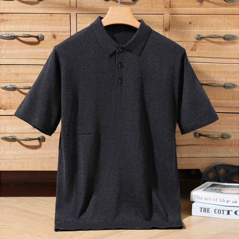 Men's T-shirt summer worsted wool sweater short-sleeved casual solid color men's clothes POLO collar knitted Tops loose Blouse