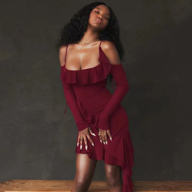 European and American New Style Desire Ruffled Strap Dress Strappy Bodycon Irregular Short Skirt Hot Girls