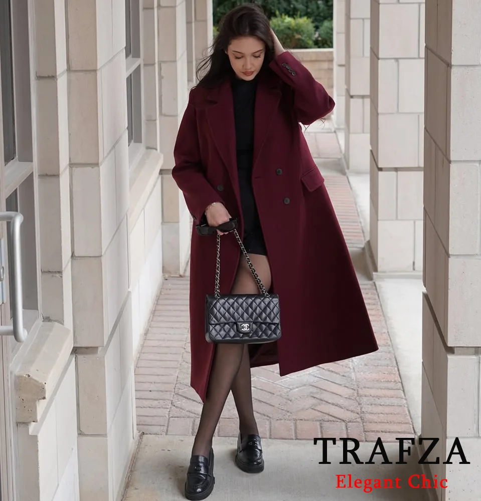 TRAFZA-Women Elegant Long Coat Burgundy Red Blended Lapel Buttons Lined Coat New 2025 Fashion Fall Winter Romantic Outwear Coat