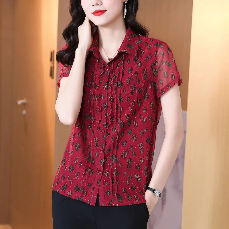 Office Lady Casual Turn-down Collar Shirt Summer New Fashion Short Sleeve Female Clothing Vintage Printed Single-breasted Blouse