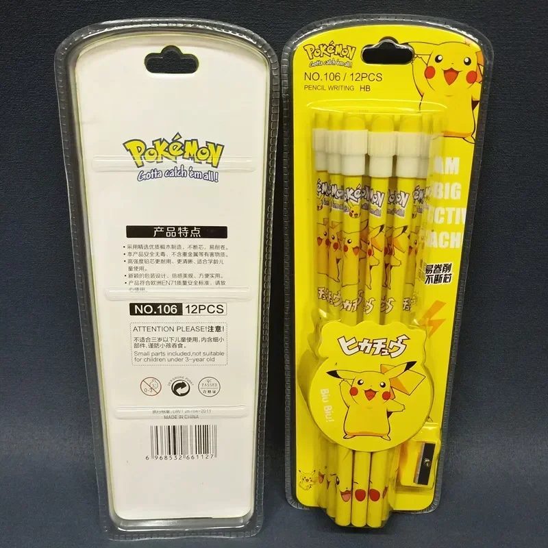 Juego de lápices de madera Pokémon HB, borrador de dibujos animados de Anime, Combo de papelería para estudiantes, regalos de apertura escolar, 12 piezas por juego