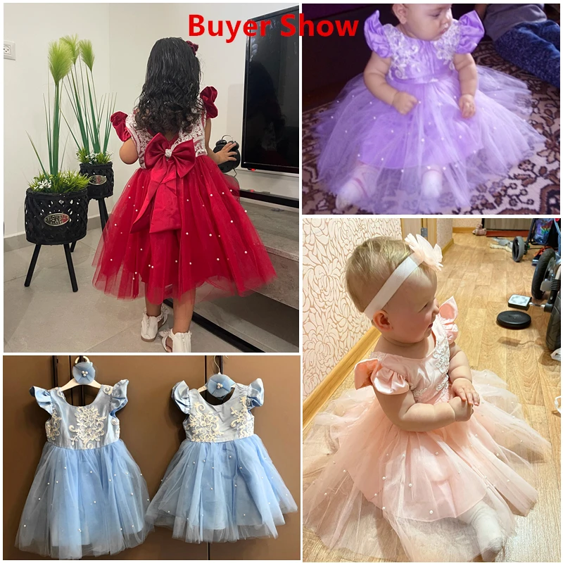 Newborn Baby Girl Princess Dress Flower Lace Birthday Party Outfit Wedding Evening Dress Xmas Costume Infant Bow Baptism Gown