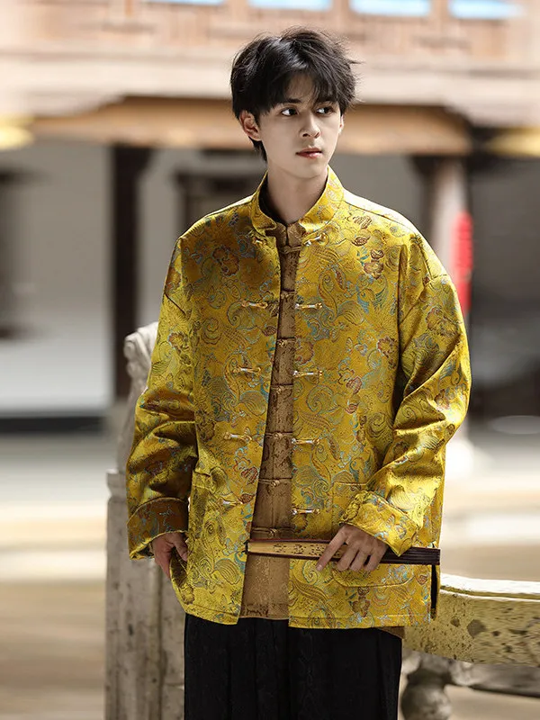 

New 2025 Men's Jaet Coat Satin Fabric Collar Youth Chinese Sle Tang Hanfu Outerwear Stand Fit Floral Embroidery Daily ...