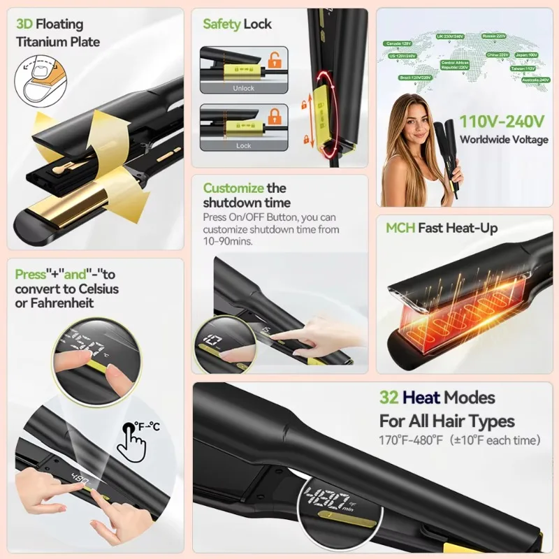 Electric 480°F Professional Titanium 2‑in‑1 Flat Iron Hair Straightener for Salon Keratin Treatment Styling view 2