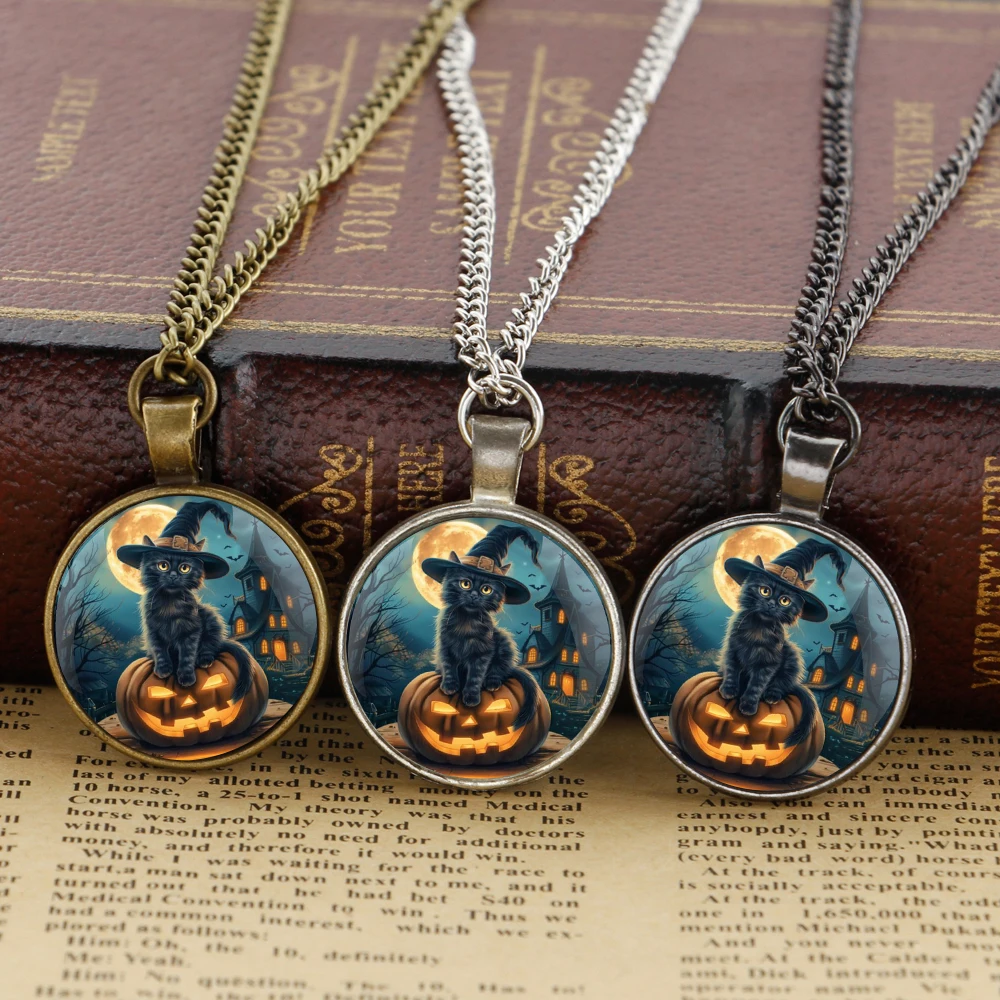 Cat Pumpkin Halloween Cosplay Fashion Accessory Glass Dome Pendant Necklaces Women Men Jewelry Accessories Unique Gift for Kids