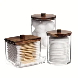 3pcs Swabs Holder Bathroom Container, Storage Box Cotton Ball/Swabs Dispenser, Apothecary Jar Organizer for Storage Wood Lids