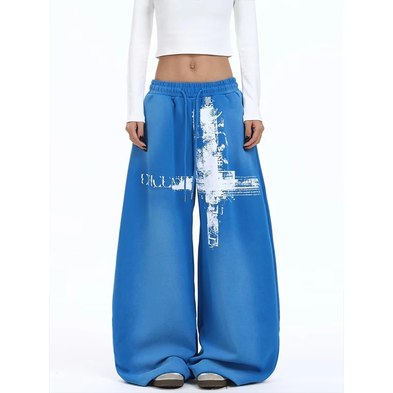  Autumn Winter Women's Gothic Vertical Graphic Wide Leg Sweatpants Drawstring Loose Straight Baggy Y2K Dark Punk Streetwear Pan