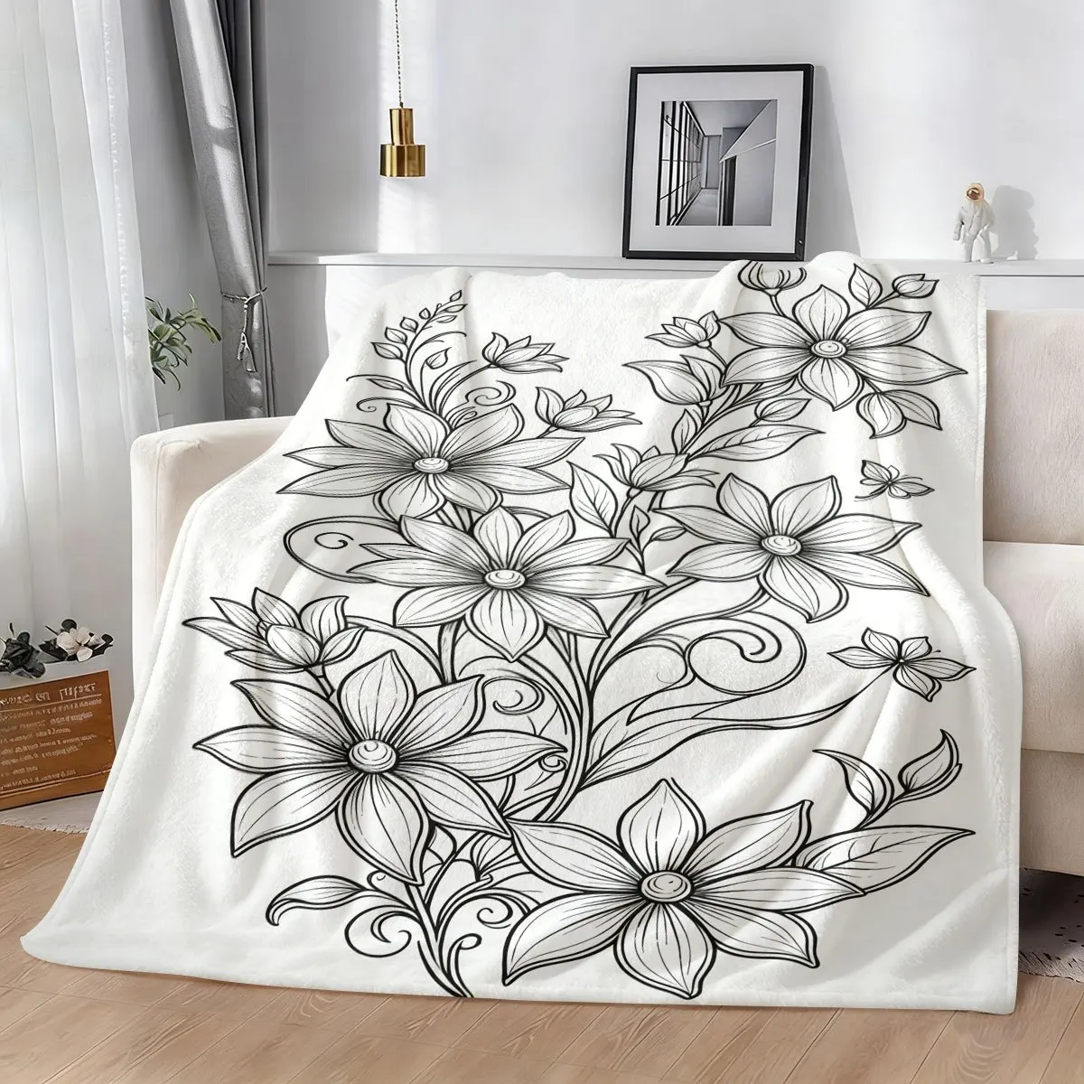 Decorative Floral Botanical Line Art Throw Blanket Boho Sketch Home Decor Cozy Nursery Crib Wrap Sofa Throw Gift