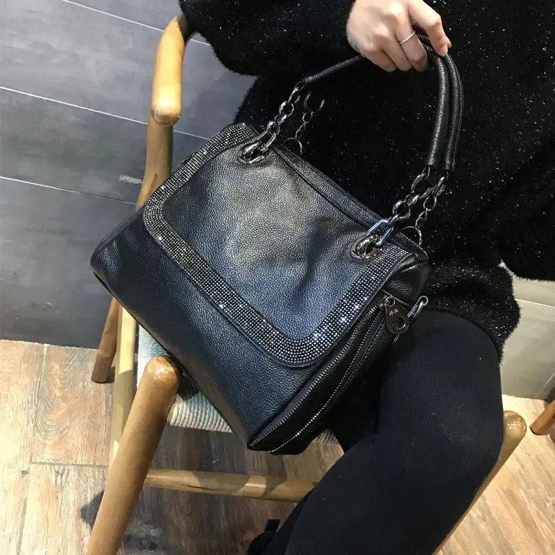 Simple Diamond-encrusted Cowhide Handbag 2026 New Temperament Women Bag Big-capacity Soft Leather Package Shoulder Satchel Pack