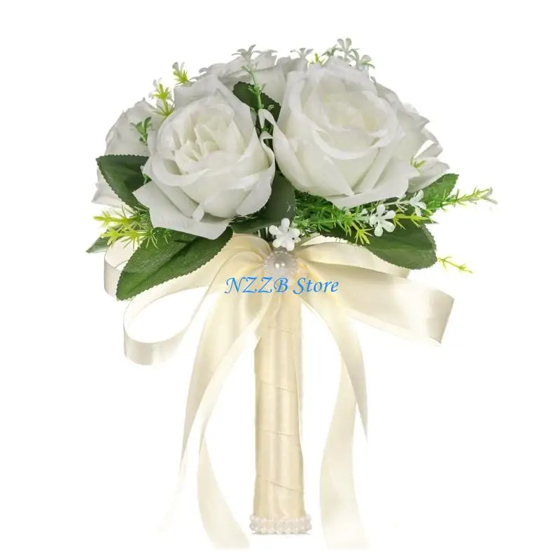 

T21F Autumn White Rose Bridal Bouquet for Outdoor Wedding Ceremony Artificial Flower Bouquet for Anniversaries