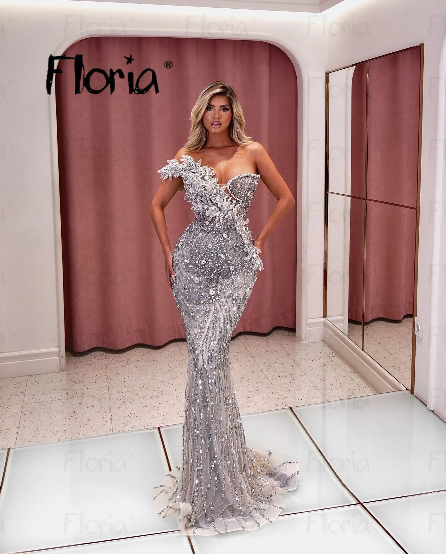 Luxury Silver Mermaid Evening Dress 2024 New Sparkly Prom Party Dresses for Women Weddings Off Shoulder فساتين للمناسبات الخاصة