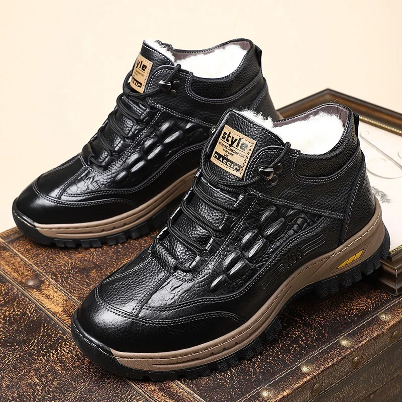 

Первый слой воловьей кожи, зимние хлопковые туфли, утепленная зимняя обувь, мужская обувь, бархатные кожаные туфли с высоким берцем, теплая новинка