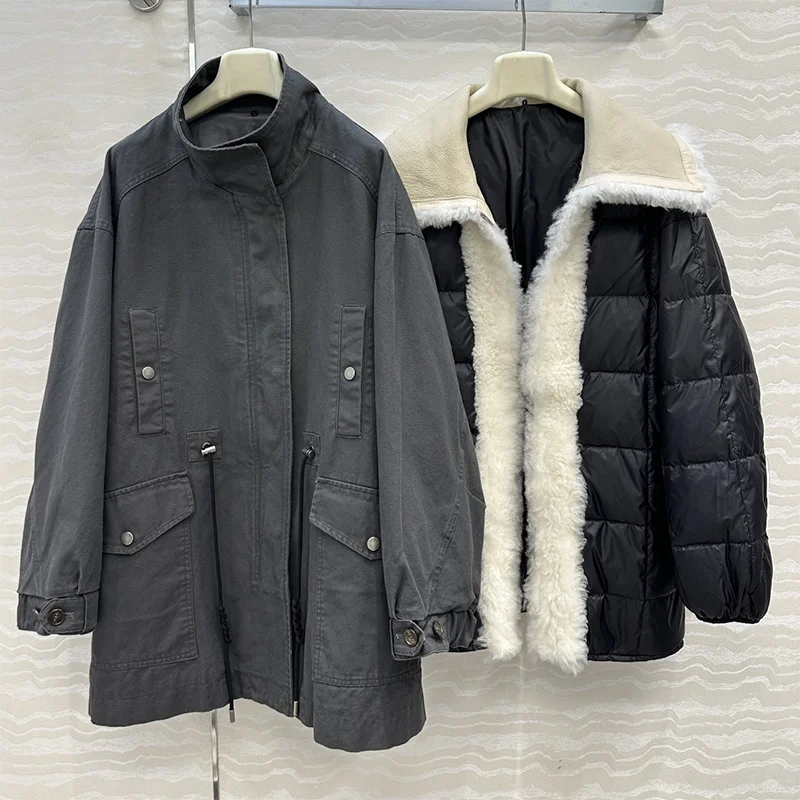 

Высококачественный женский пуховик из двух предметов с меховой отделкой и лацканами + джинсовое пальто среднего и длинного женской одежды 25122318