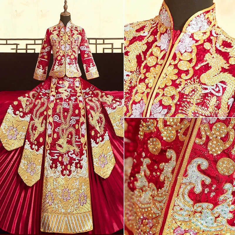 Red High Quality Traditional Chinese Embroidery Bride Wedding Dress Retro Exquisite Dragon Phoenix Gown Stylish Marry Cheongsam