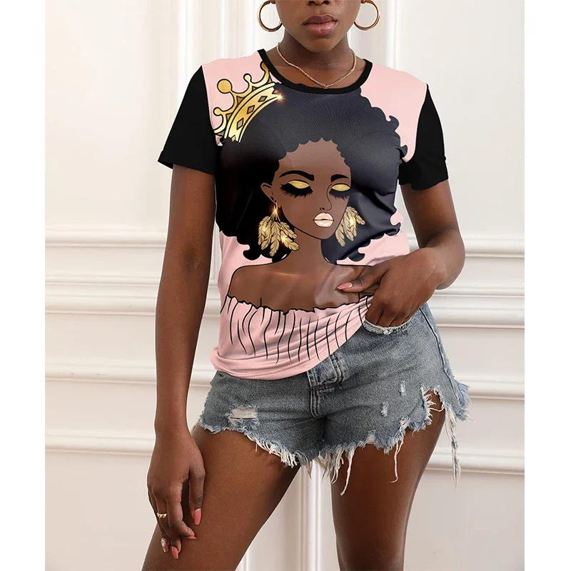 

African Black Girl 3D Print T-shirt Women Short Sleeve O-Neck T Shirts Harajuku Streetwear Tees Oversized Y2k Top Woman Clothing