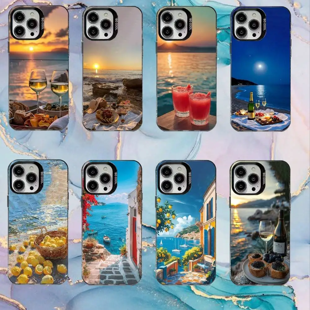 

Seaside Scenery Red Wine Lemon Phone Case For iPhone17,16,15,14,13,12,11 Plus,Pro Max Black Candy Matte Shockproof Cover