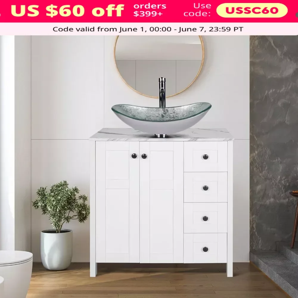 32-inch Bathroom Vanity Set, Single Bathroom Vanity with Marble Texture Top and 4 Drawers, Bathroom Vanity with Sink