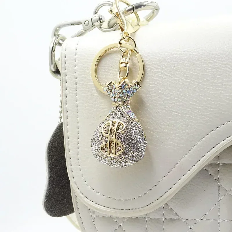 Rhinestone Shining Metal 3D Dollar Bag Shaped Bag Pendants Decora Key Chain Fashion New Car Inner Package Party Favors Gift