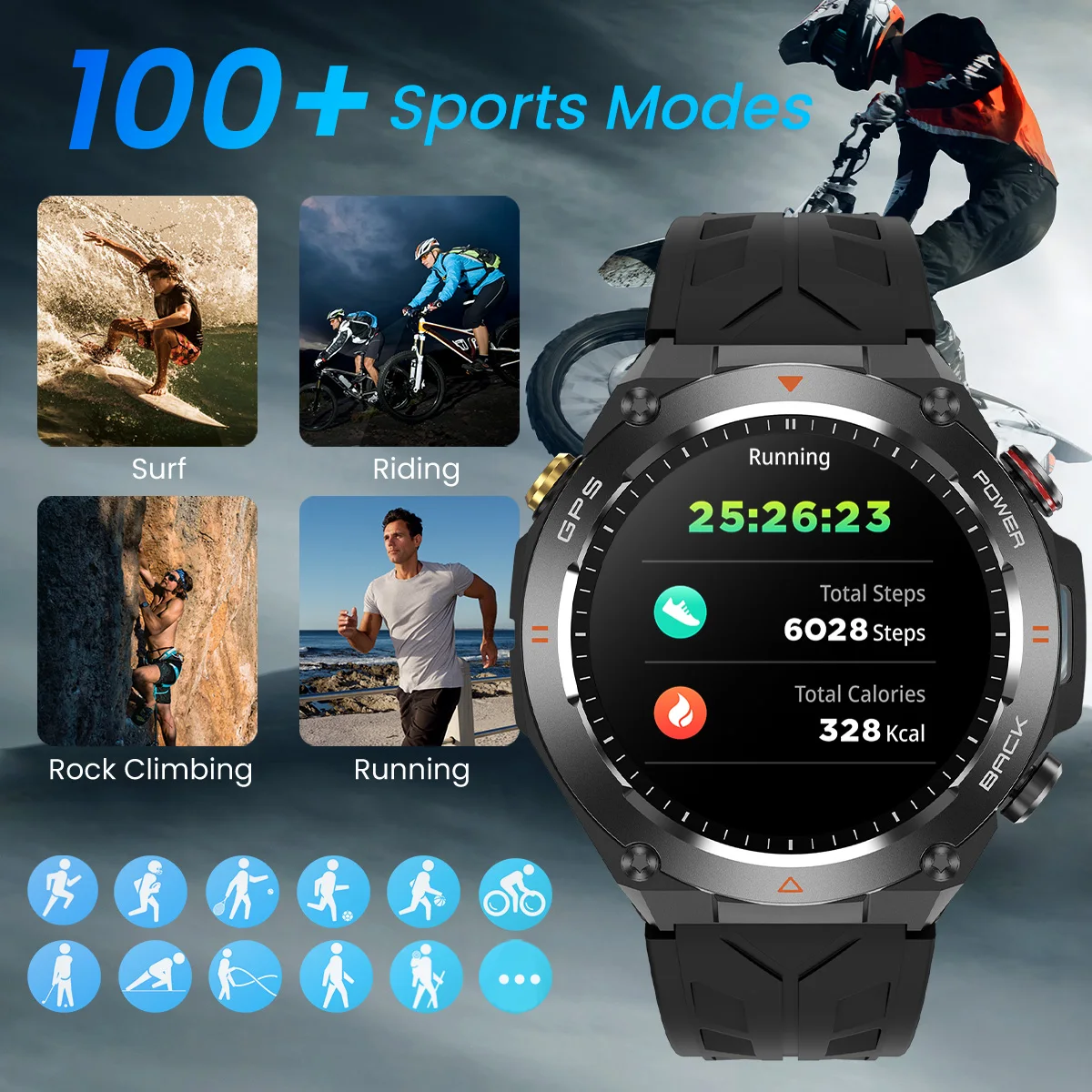 GPS relógio inteligente masculino lanterna ipx8 à prova dwaterproof água bússola 650mah esporte ao ar livre rastreador bluetooth chamada smartwatch 100 + modos esportivos
