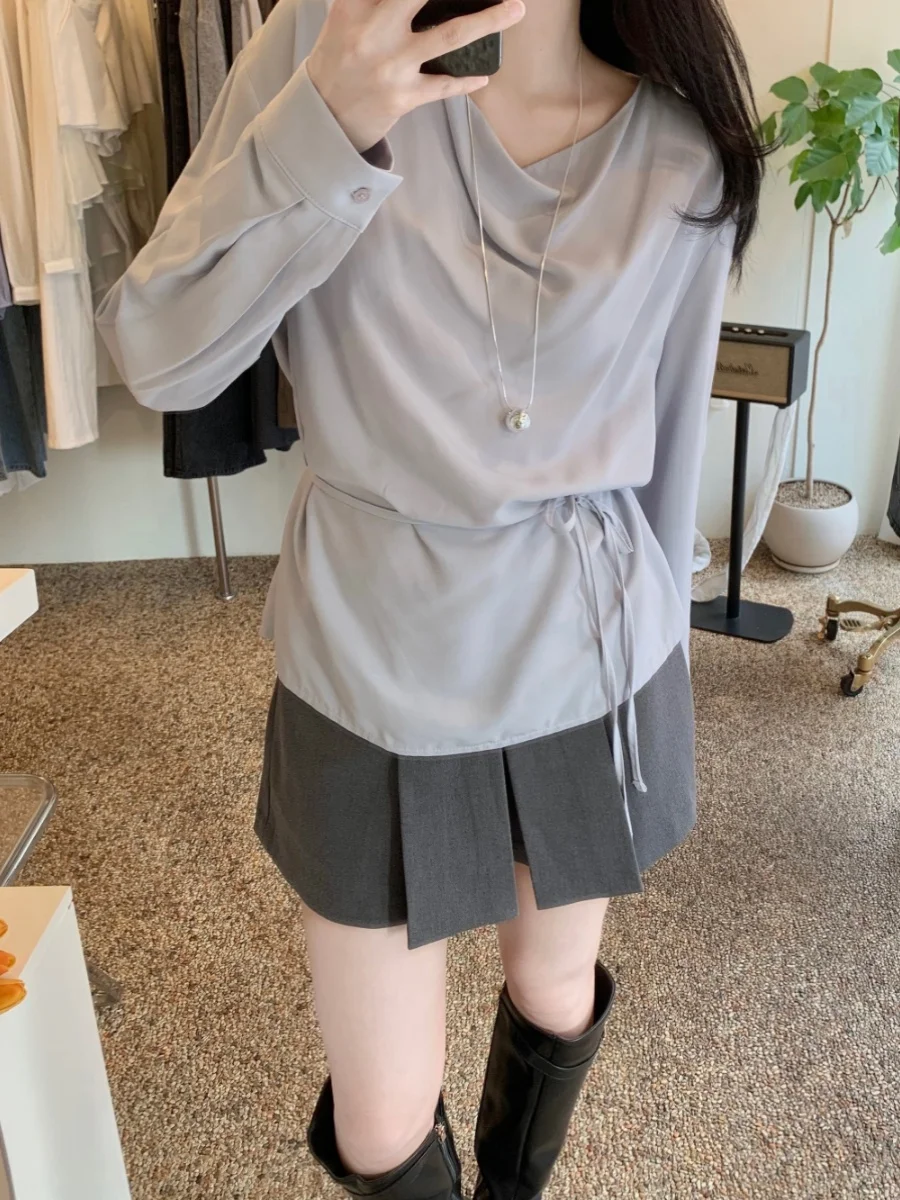 Chic Frühjahr frauen irt Lose Abnehmen Gürtel Taille Ausgestelltes Kragen Chiffon Top Lange Sve Pendeln Sle Farbe