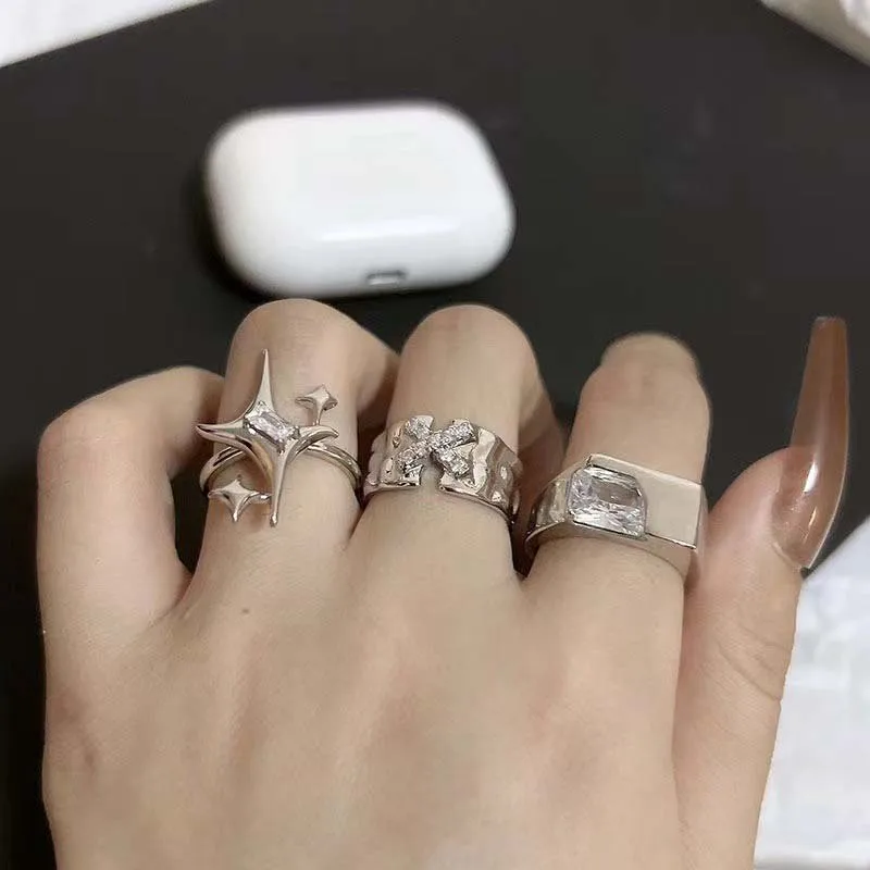 Vintage Irregular Cross Star Couple Ring for Women Men Punk Gothic Sliver Color Adjustable Rings Y2K Egirl Jewelry Gift image 2