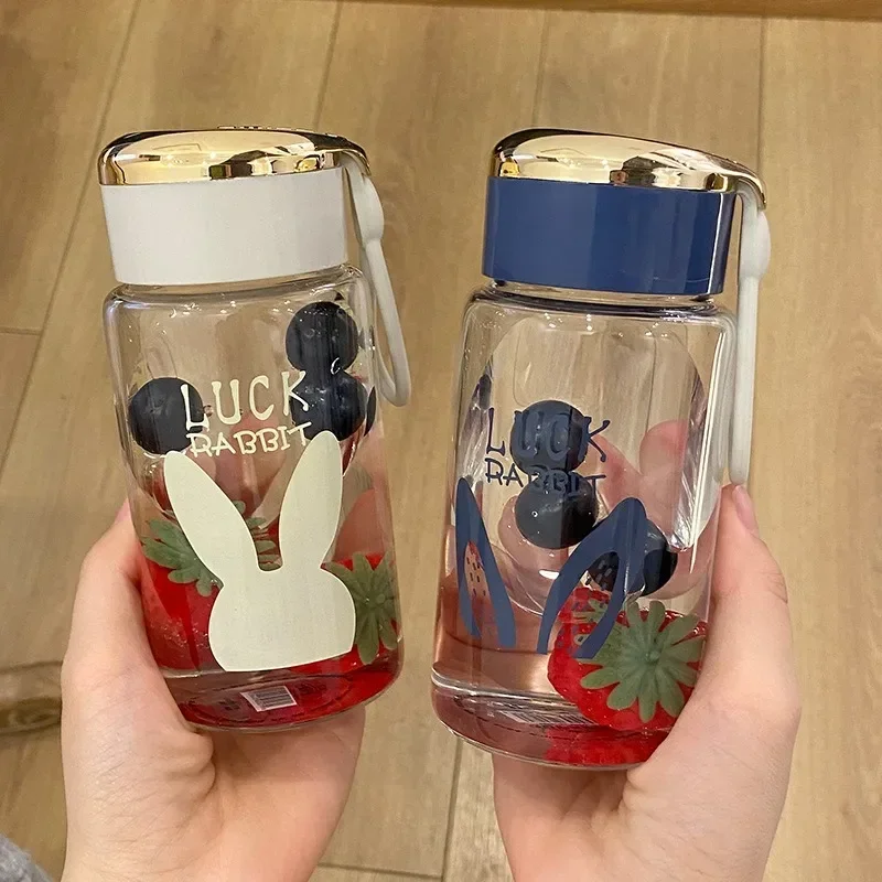 300ml Lucky Letter Glass Mini Simple Fresh Lovely Water Bottle with Cover Rope Small Capacity Portable Heat Resistant Coffee Cup