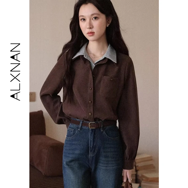 

ALXNAN Women's Vintage Shirt Fall Fake Two-piece Color-blocking Metal Buttons Blouse Literature Unique Gentle Tops Female L58027