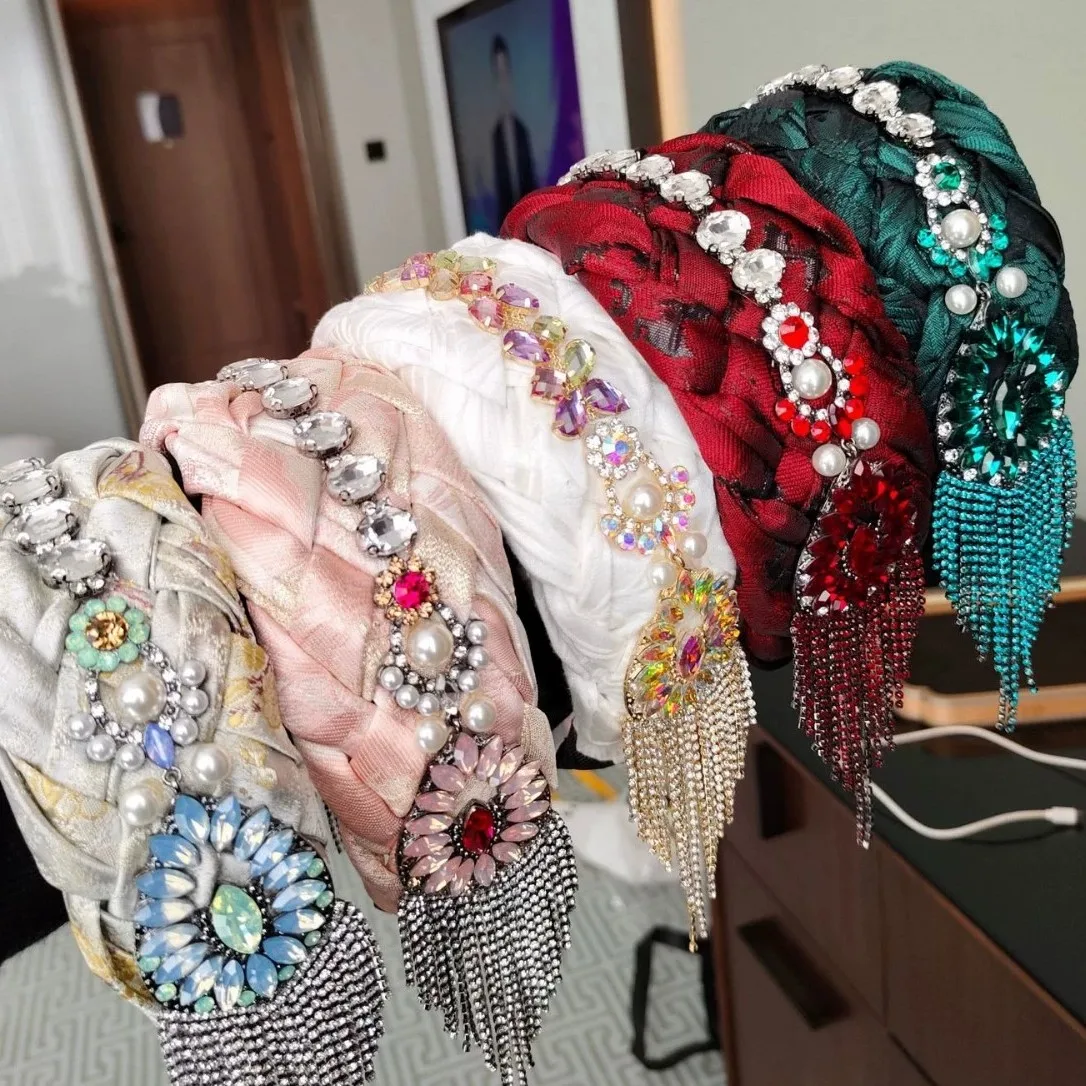

Crystal Chain Headbands For Women Luxury Wide Padded Bling Sparkly Woman Hairband Rhinestone Hair Hoop For Wedding Prom Party