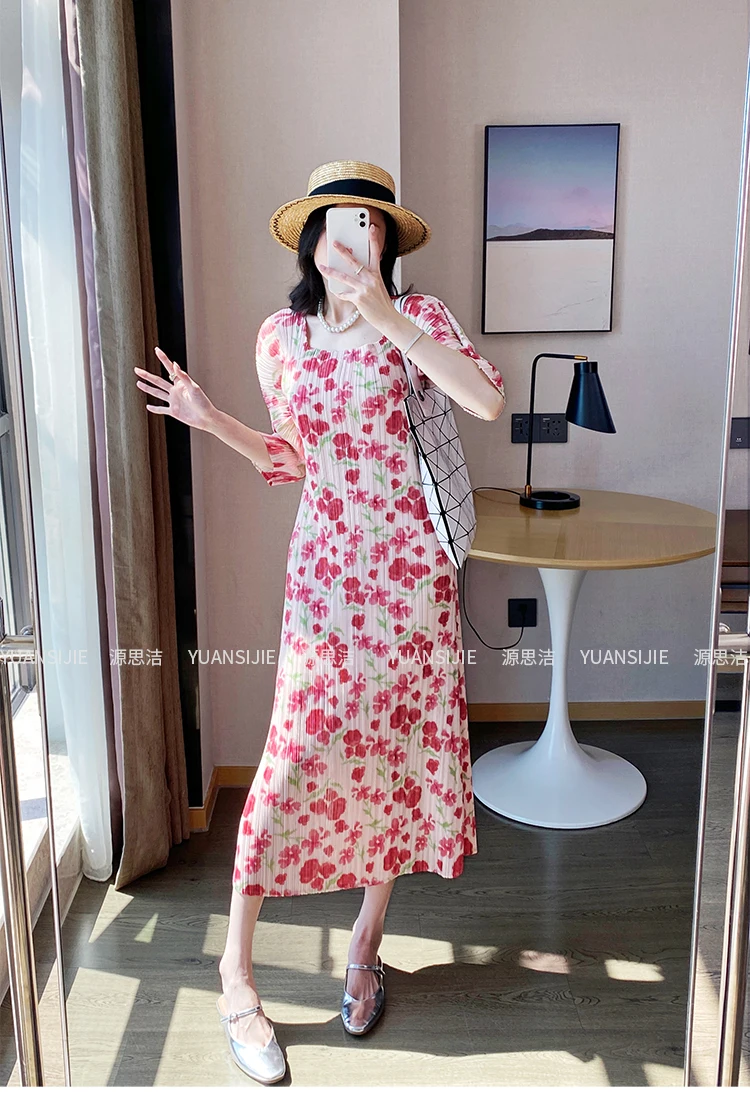 

HOT SELLING Miyake fold solid the dress fashion square collar three quarter solid LOOSE dresses IN STOCK