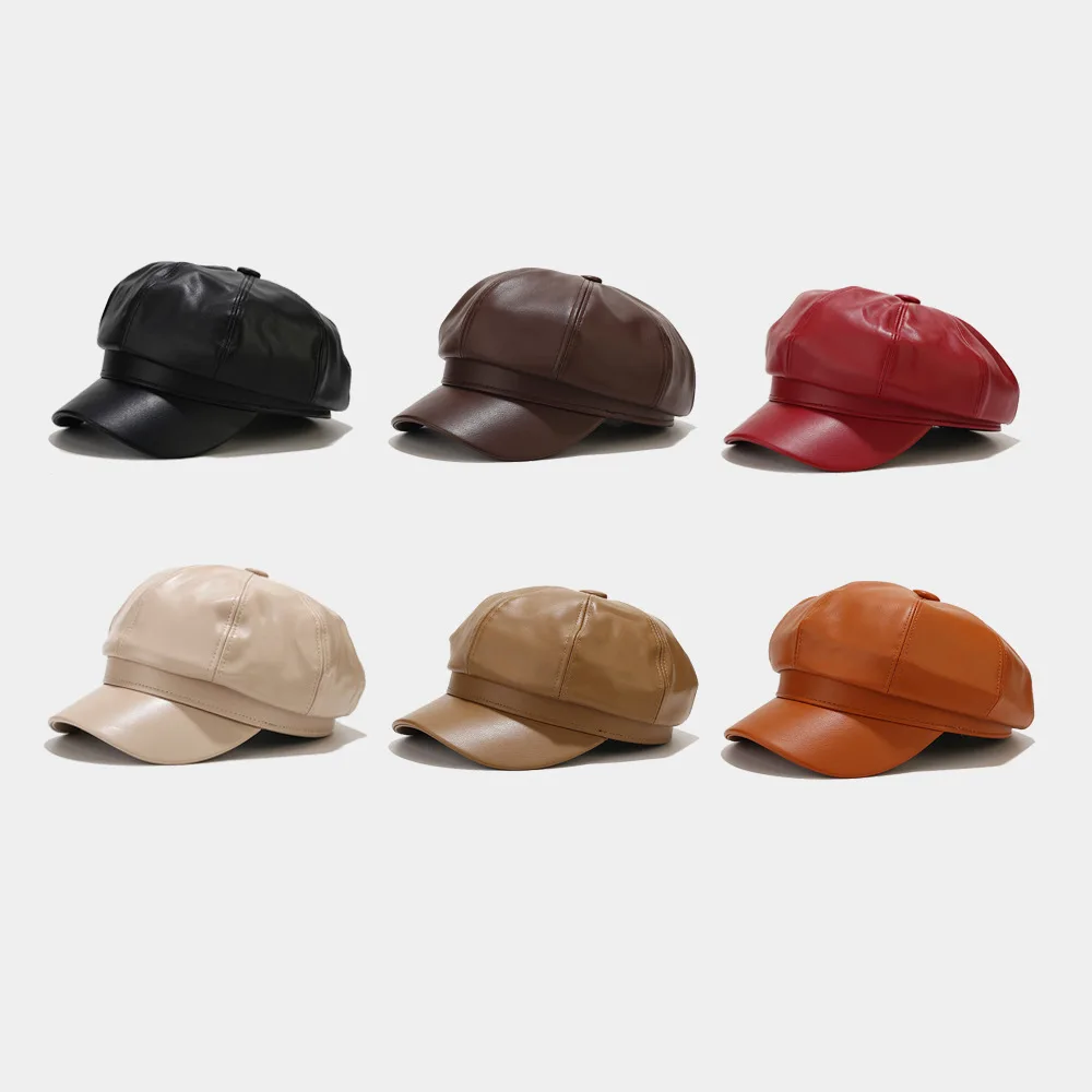 Women Glossy Leather Octagonal Hat for Autumn and Winter Korean British Style Retro Casual Solid Color Peaked Hat Fashion Pu Hat
