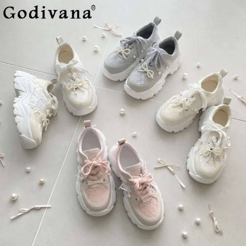 

Japanese Style Sweet Bow Pearl Lolita Sneakers Platform Casual Shoes Girl Lady Thick-soled Muffin Lightweight Sports Shoes Pumps