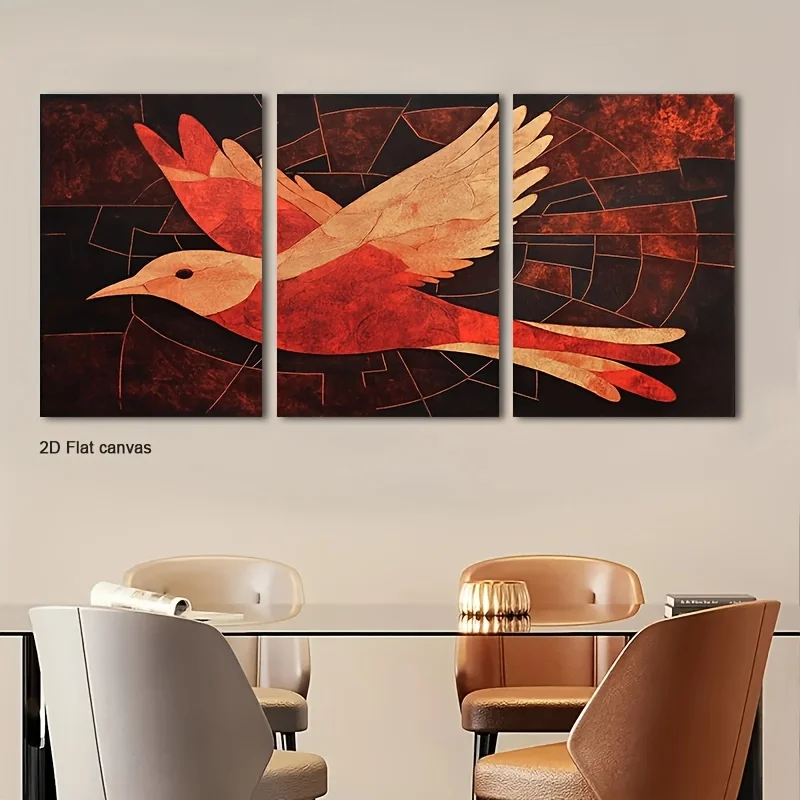 Frameless canvas 3pcs  Modern Abstract Bird Wall Art - Geometric Bird Canvas Paintings, Minimalist Red Bird Decor Suitable Fo