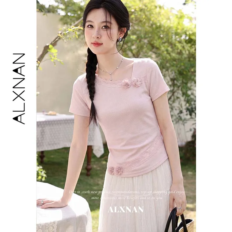 ALXNAN Pink T-shirt Asymmetric Slant Neck Lace Splice 3D Floral Gathered Waist Slim Women's Tees Summer Short Sleeve Tops L65709
