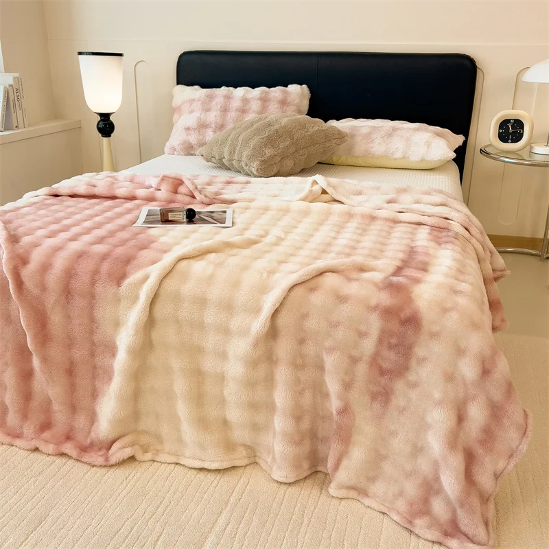 Fluffy Blanket for Beds Rabbit Plush Plaids for Sofa Warm Thow Blanket Gradient Color Blanket for Winter Queen/King Blankets