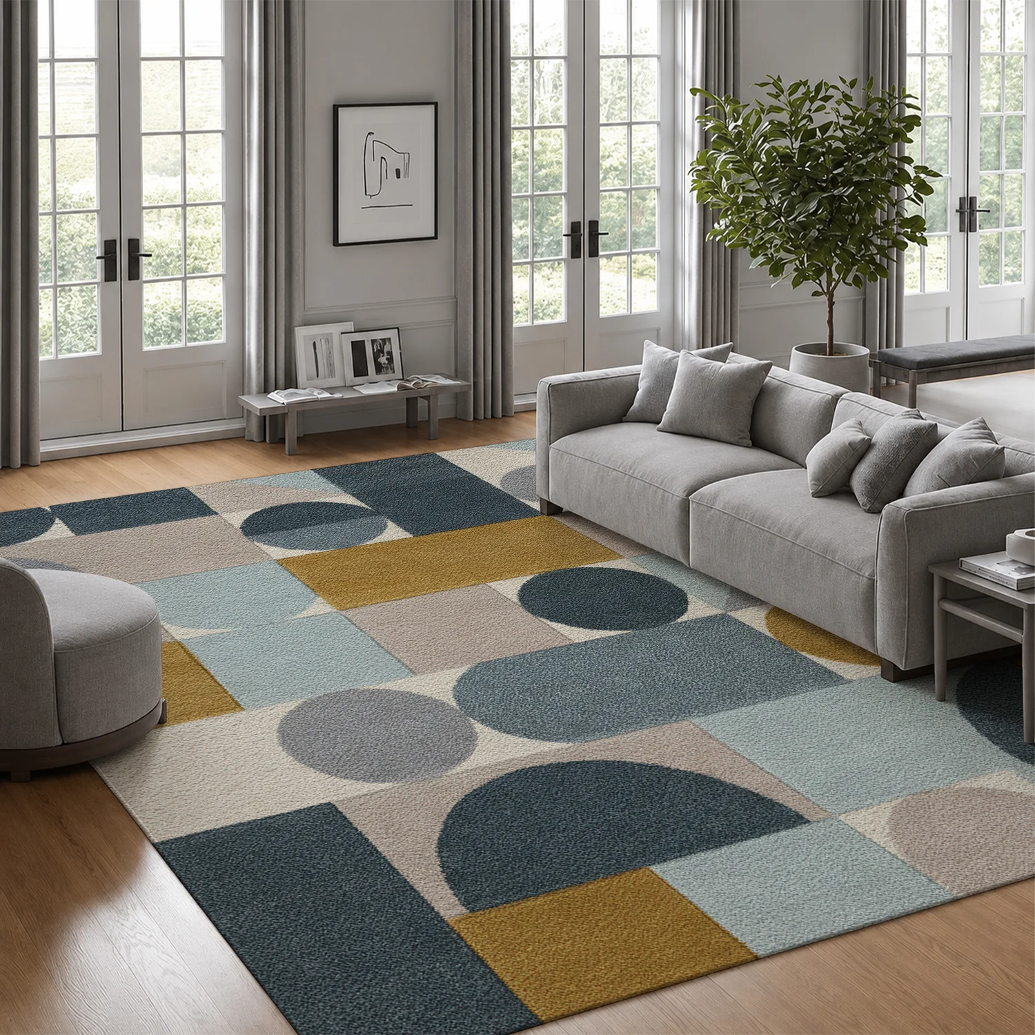 Large Indoor Area Rug, Soft Velvet Low Pile with Non-Slip Dotted Backing, Machine Washable Mid-Century Geometric Abstract Rug in Navy Gold Blue Tones for Living Room, Bedroom, Modern Home Decor