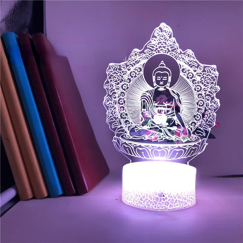 Luz de noche LED 3D budista, lámpara de mesa de oración de Buda, 7 colores que cambia de luz nocturna, decoración del dormitorio del hogar