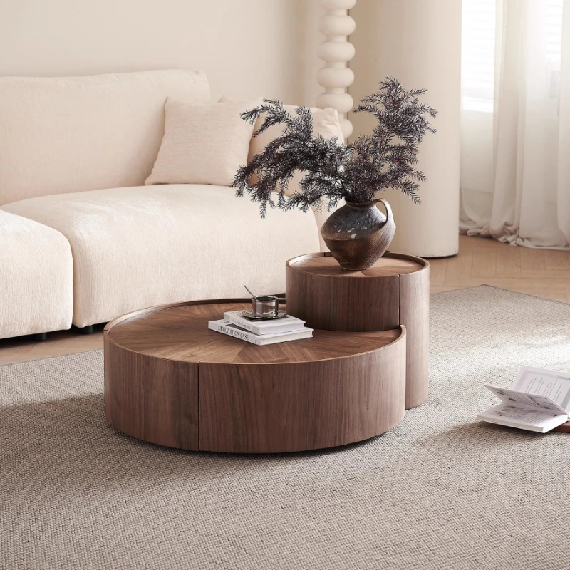 Light luxury round walnut solid wood coffee table combination living room simple home