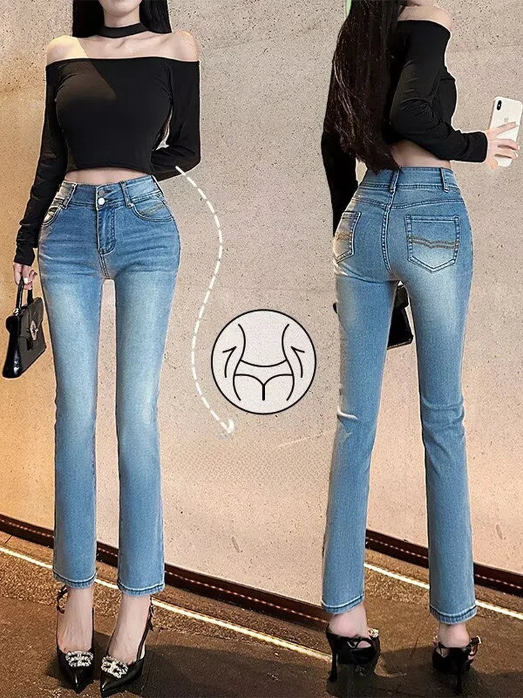 

Новые женские джинсы 2025 года с высокой талией из эластичного хлопка, с вышивкой, мягкие, эластичные, прямые, укороченные, облегающие