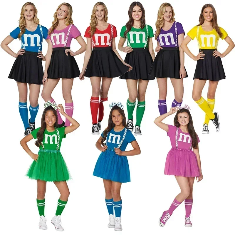 Kids M & M's Costume Cheerleader Uniform Kit with Suspender Family Games Parents-Child Clothing Outfits T-Shirt Black Skirt Set