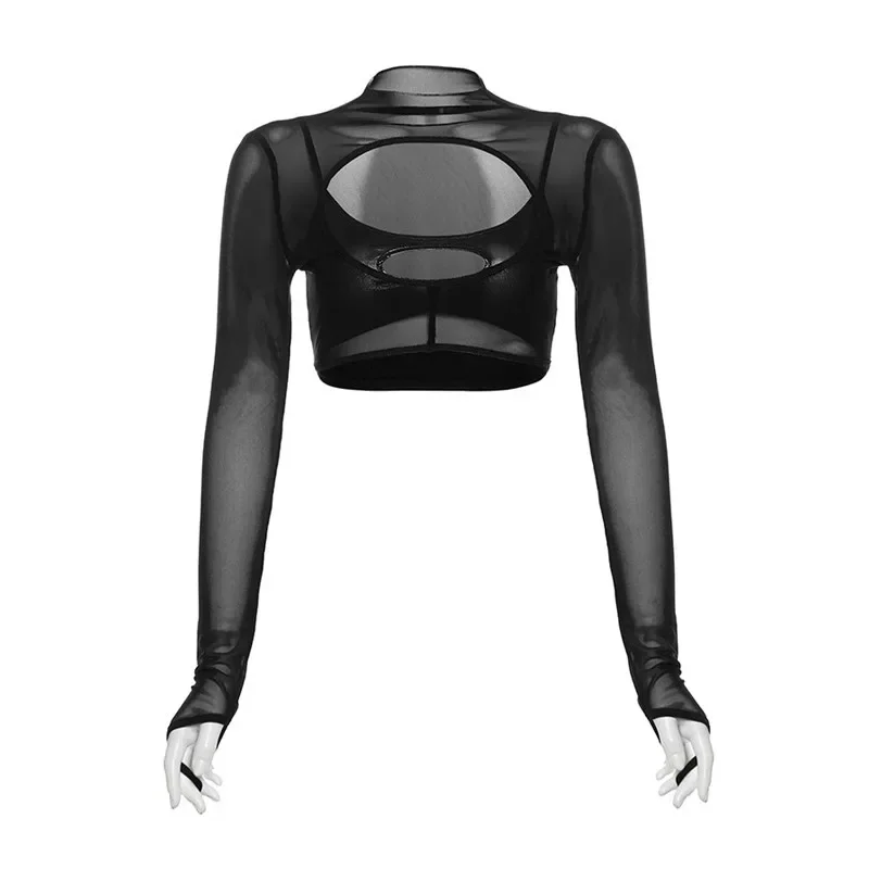Hollow Out T Shirts For Women Mini 2 Pcs Set Rave Outfits Mesh Crop Top Skinny Camisole Ropa De Mujer See Through Y2k Clothes