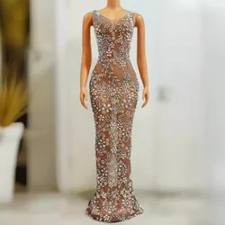 Luxury Sheer Sleeveless Sparkly Crystals Beaded Dresses,Holiday Party Prom Dresses,birthday dress woman sexy new year dresses