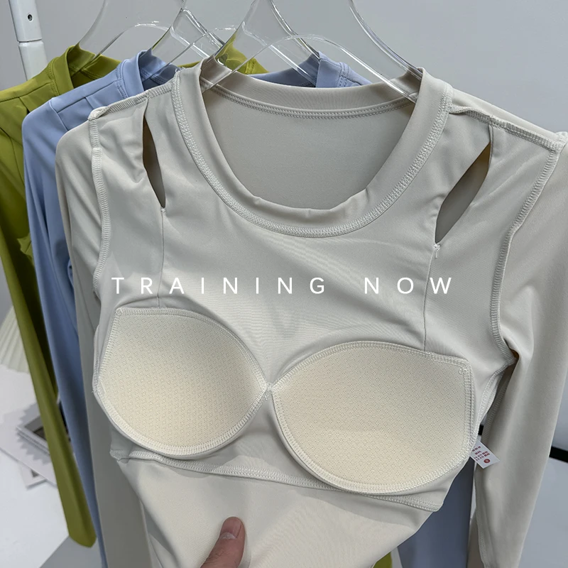 

Yoga wear women's long-sleeved short fitness top with chest pads tight-fitting slimming sexy breathable running sports T-shirt