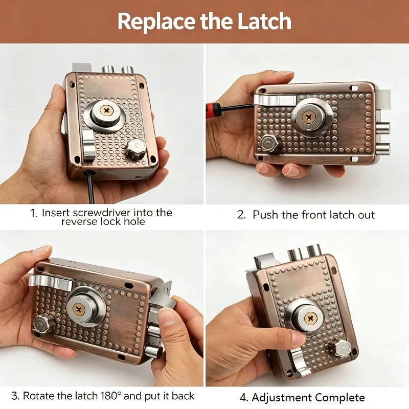 Indoor & Outdoor Old-style Exterior Anti-theft Door Lock Red Ancient Bronze,Triple-bolt Lock, Cross Key